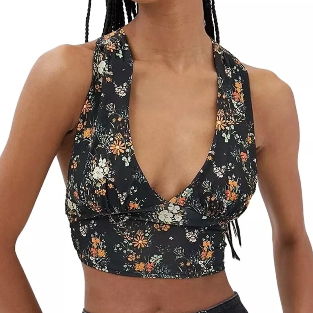 Urban Outfitters Phoenix Black Floral Halter Crop Top Size Medium
